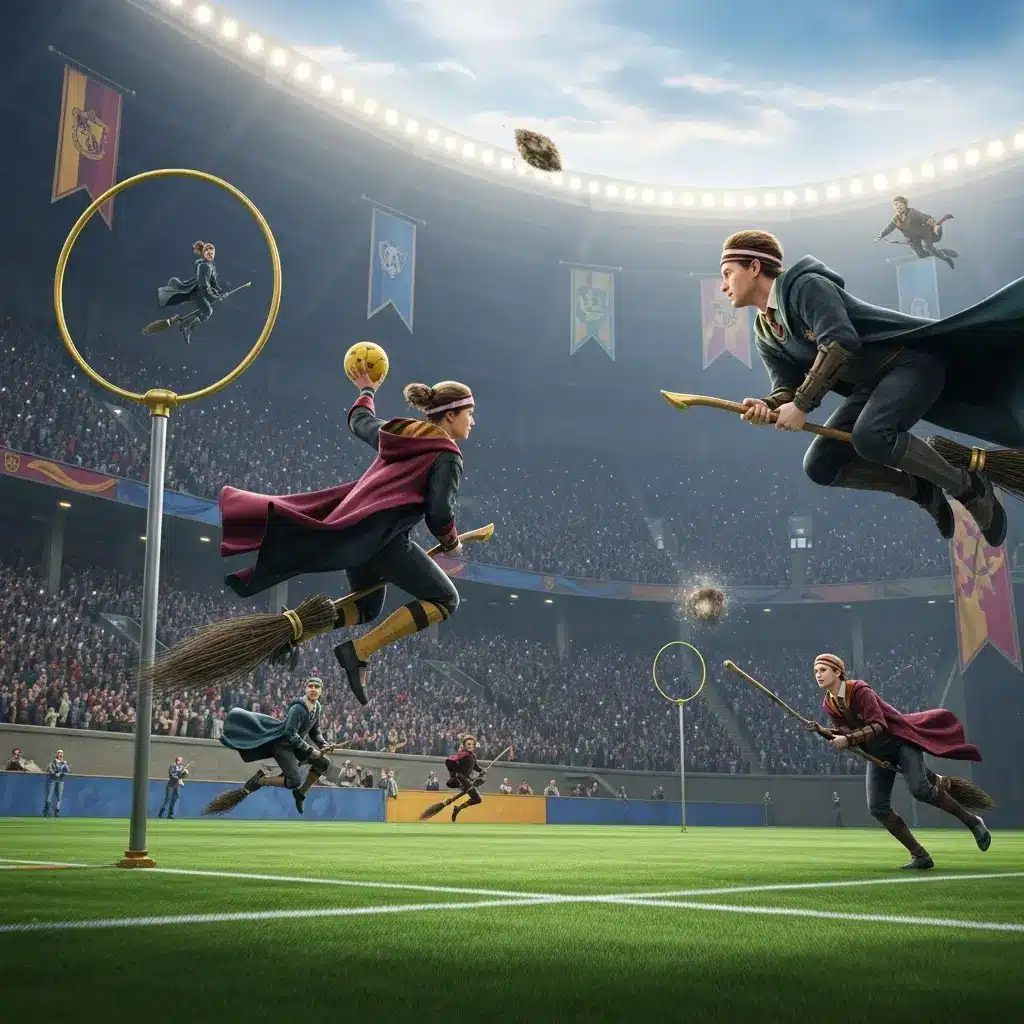 A chaser in red robe mid-throw of a quaffle, broom tipped forward, ball emitting faint trail, goal hoops visible in distance, cheer-filled crowd, dynamic action motion blur, vibrant stadium lighting