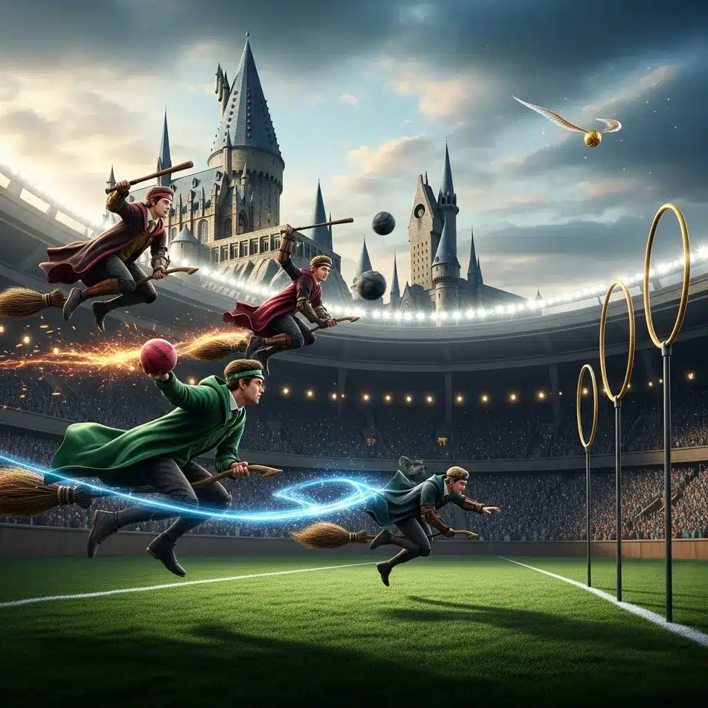 Close-up mid-air chase between two seekers reaching for golden snitch, intense facial expressions, castle in blur background, cinematic focus on hands and snitch, detailed textures, dynamic lighting and depth-of-field